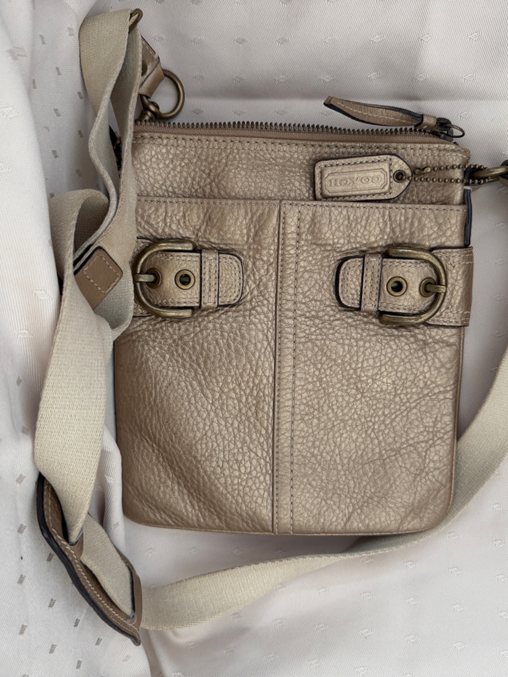 Coach Metallic Taupe Pebbled Leather Crossbody with Canvas Strap